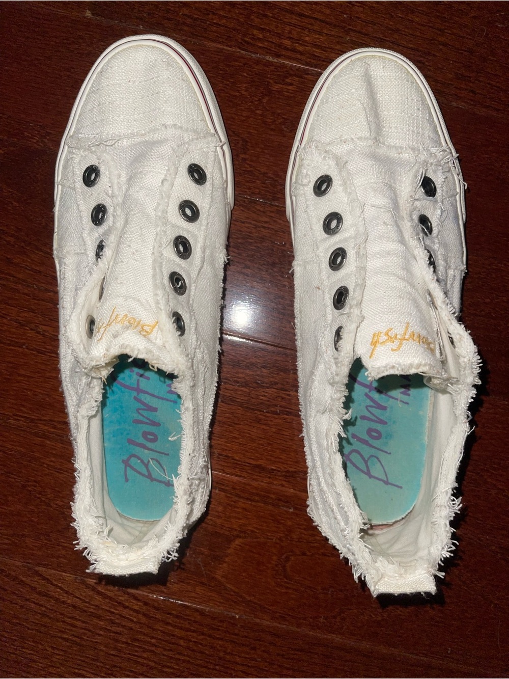 Blowfish White distressed Frayed Slip-On Sneakers with Teal Insoles
